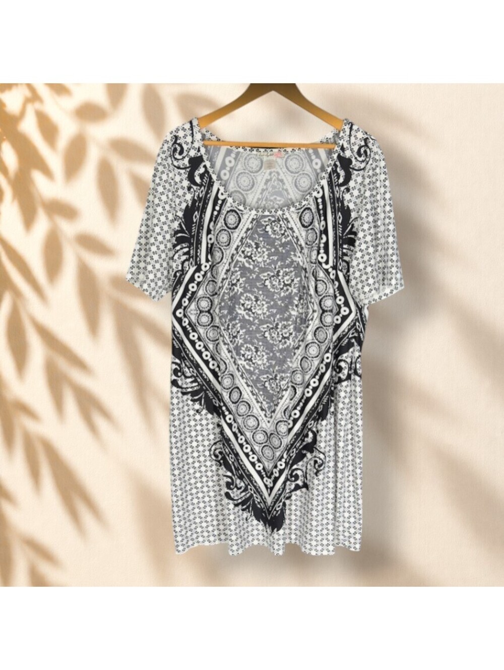 Love Squared Dress Women 2X Plus White Geometric Shift Midi Short Sleeve Casual